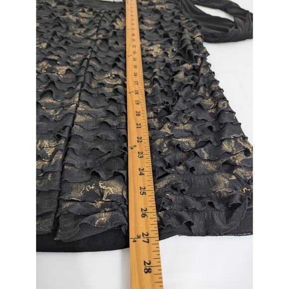 Chico's Cardigan Black Gold Metallic Slinky Ruffle Tiered Size 3 Long Sleeves - Picture 7 of 7